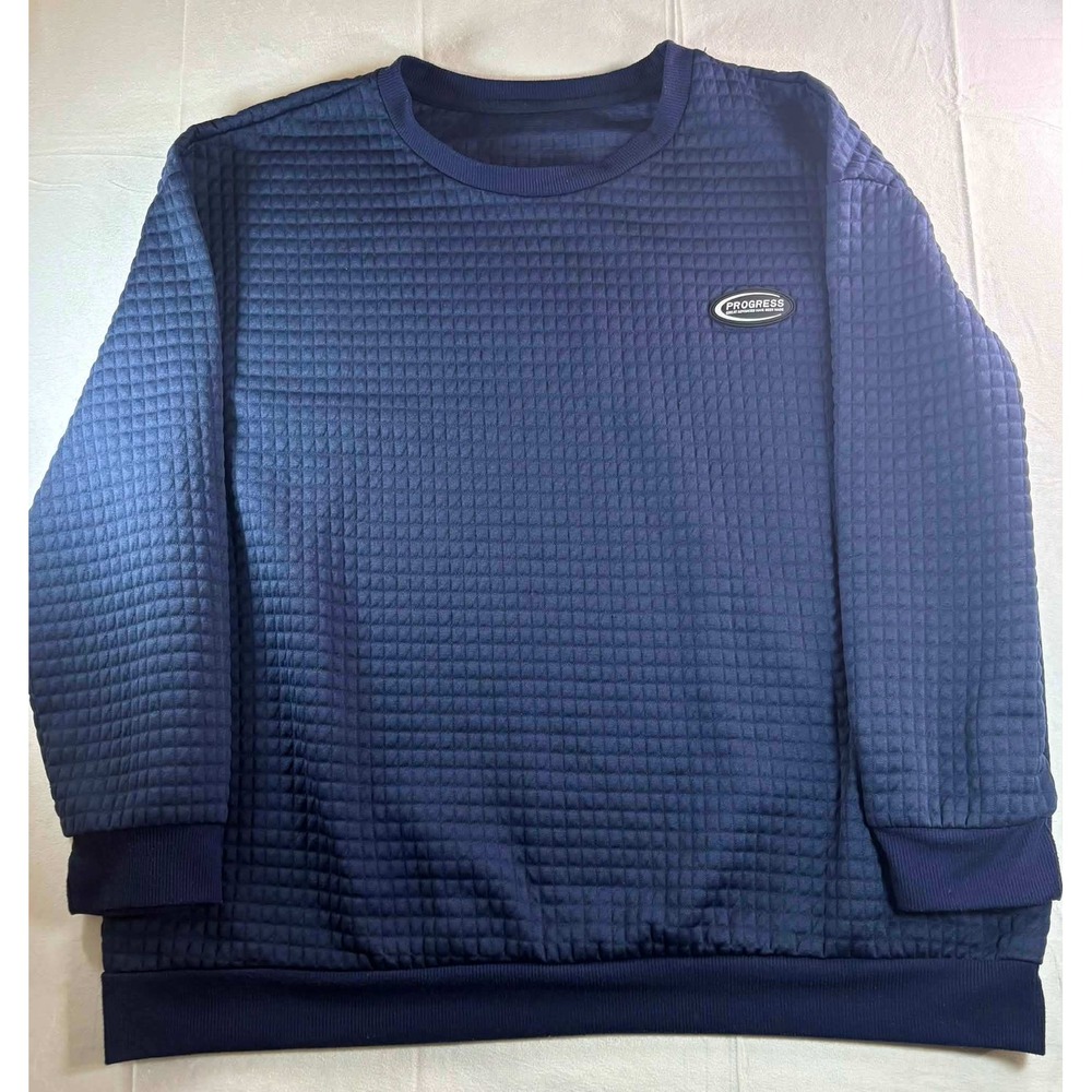 Progress Mens Navy Blue Quilted Textured Grid Crew Neck Sweatshirt Pullover
